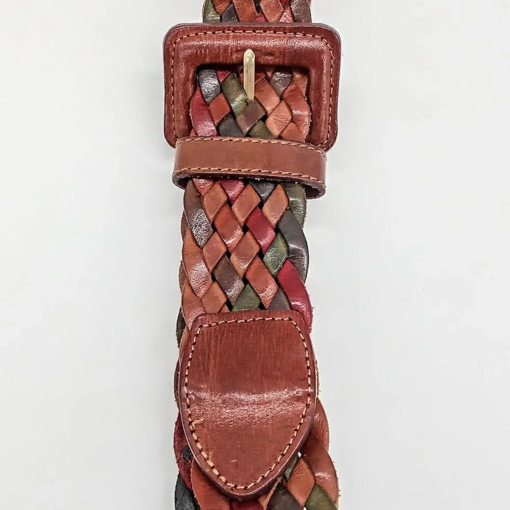 Red Green Brown Braided Leather Belt